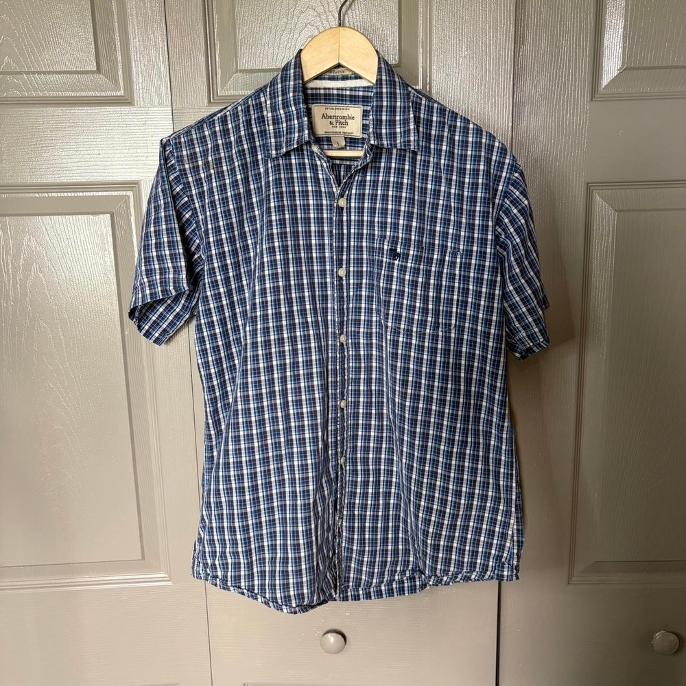 Abercrombie & Fitch Mens Large Blue Plaid Short Sleeve Muscle Fit Button Up